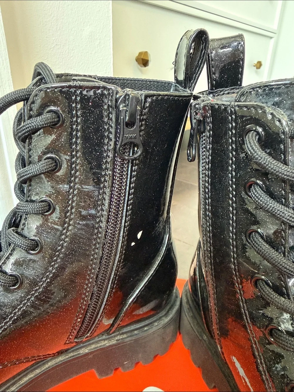 art class Black Patent Lace-Up Combat Boots with Glitter